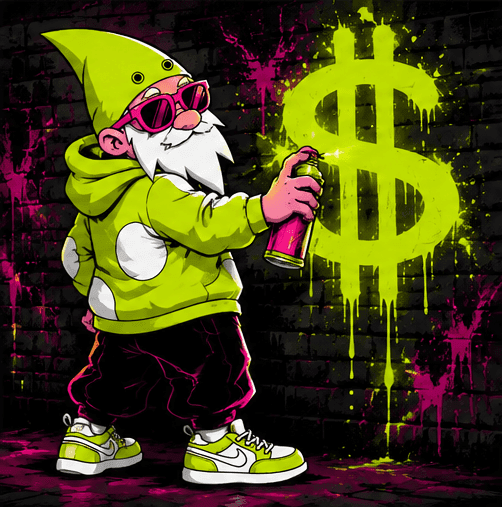 The gnome spray-painting a dollar sign on a wall