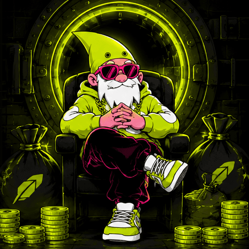 The gnome sitting in a vault surrounded by money bags
